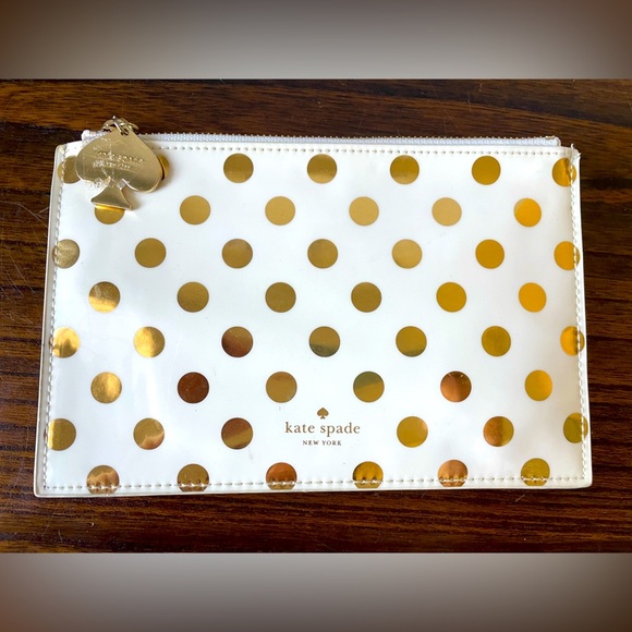 kate spade Handbags - Kate Spade, gold and white polka dot pencil pouch with accessories EUC